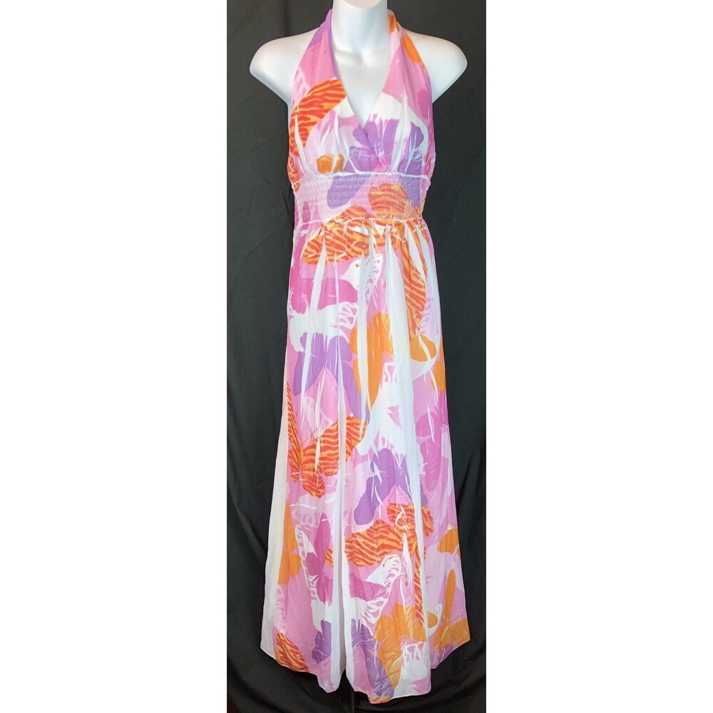 MKM Maxi Halter Dress L Pink/purple Floral Smocked Flowy Coconut Beach Tropical
